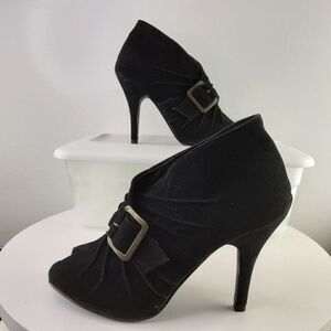 (3/$22) Charles Albert black open toe faux cowsuede heel shoe boot with buckled